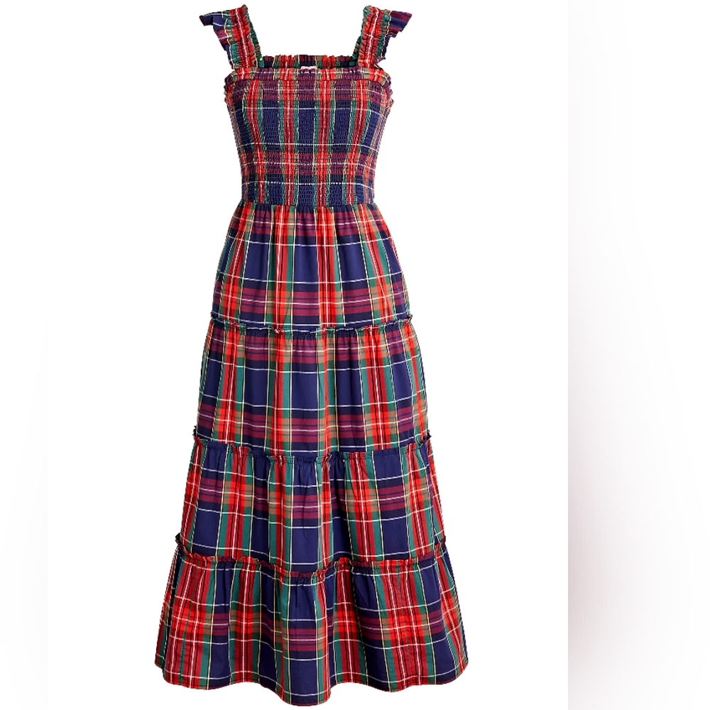 New! J.Crew sz PM M Petite Medium Tartan Plaid Smocked Midi Christmas Dress NWT